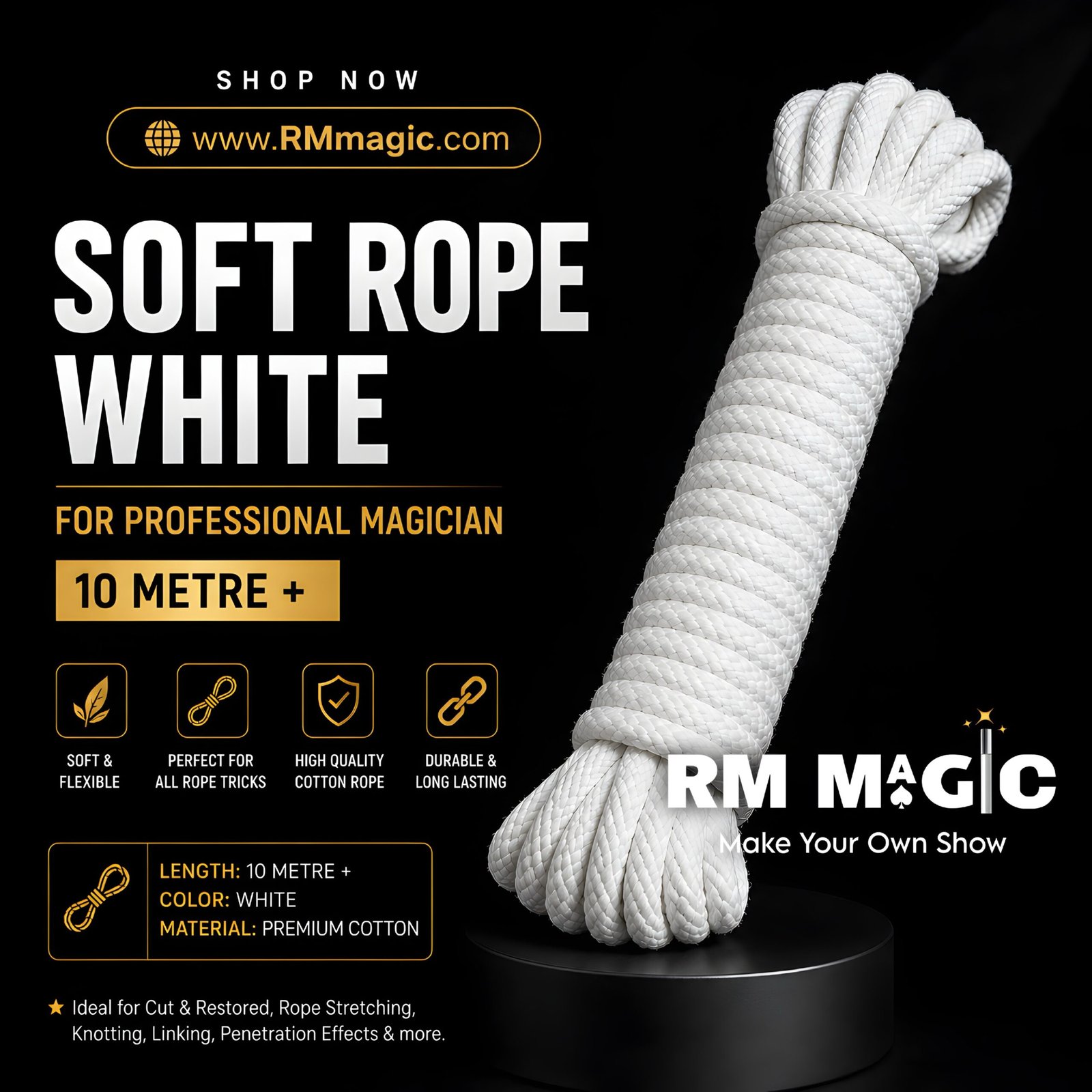 Soft Rope White For Professional Magician - 10 Metre +